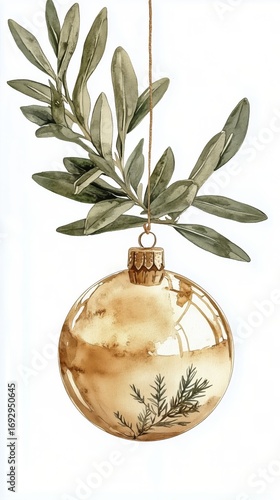 Gold Ornament Hanging From Evergreen Branch During Winter Holiday Season With...