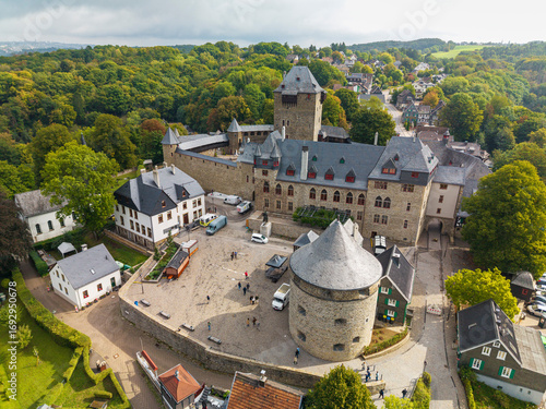 Castle Burg at Solingen region with a drone fly over during Autumn time window