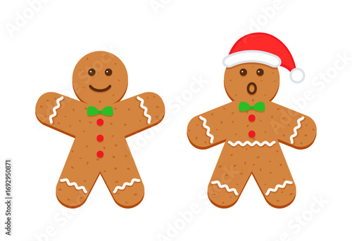 Cute ginger bread characters with green butterfly tie, red buttons and santa hat. Gingerbread man in flat cartoon design. Classic Christmas cookies. Vector illustration.