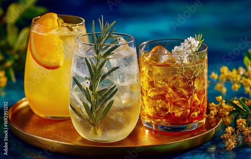 Elegant Cocktails Served on a Golden Tray With Vibrant Floral Background at a...