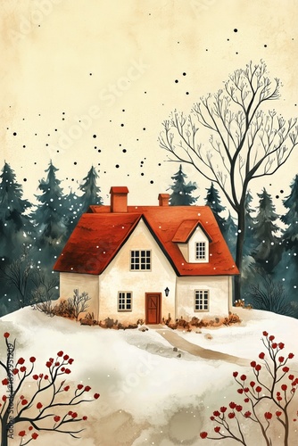 Cozy Winter House Surrounded by Red Foliage in a Snowy Landscape.