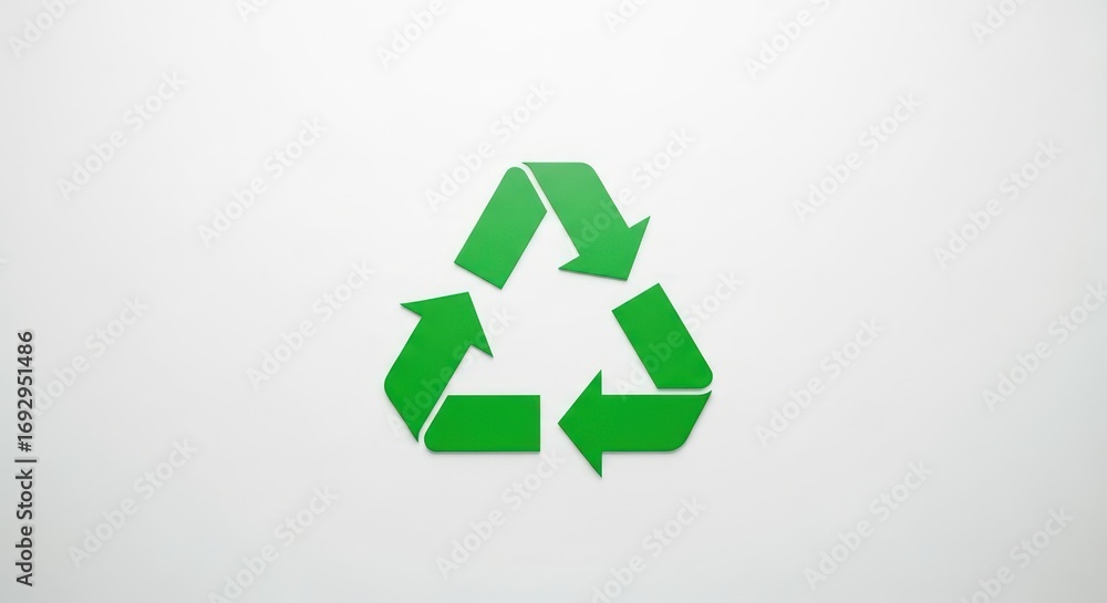 Obraz premium A vibrant green recycling symbol prominently displayed on a clean, minimalist white background, representing environmental sustainability and eco-friendly practices.