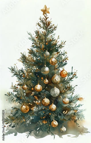 Decorative Christmas Tree Adorned With Shiny Ornaments and a Star on Top in W...