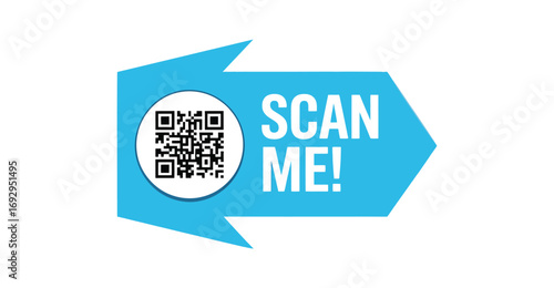  Blue Arrow-Shaped QR Code Graphic with Circular Code and Bold “Scan Me” Text—Ideal for Marketing, Digital Access, and Promotional Use
