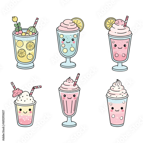 Six cute kawaii style drinks with happy faces and straws beverage milkshake