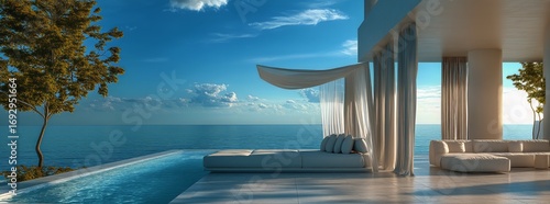 Luxurious Oceanfront Villa With Modern Design and Serene Landscape at Sunset.