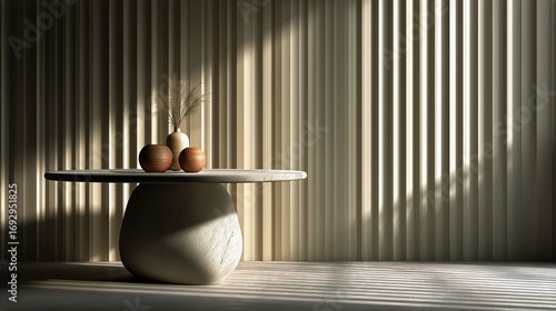 Modern Minimalist Interior With Textured Walls and Sculptural Decor.