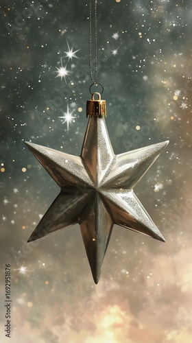 Decorative Silver Star Ornament Hanging Amidst Cosmic Backdrop With Sparkling...