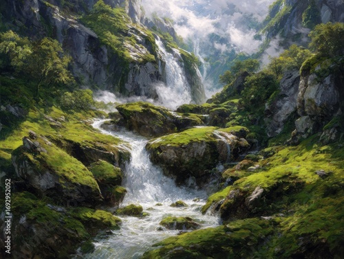 Discover the serene beauty of a lush mountain waterfall, perfect for travel inspiration or nature-themed projects