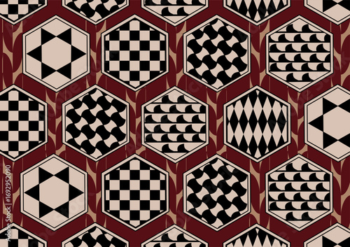 Ornament mosaic Ancient Roman, cubic shapes symbolic waves earth stars, geometric figures, on burgundy background, textile ornament geometric, vector