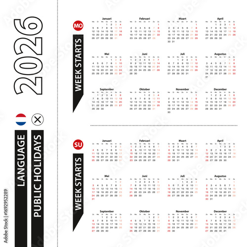 Two versions of 2026 calendar in Dutch, week starts from Monday and week starts from Sunday.