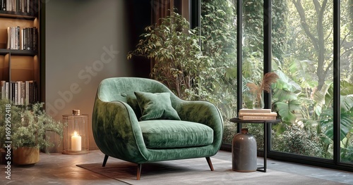Cozy Teal Armchair Beside Large Window With Plants and Bookshelves in Modern ...