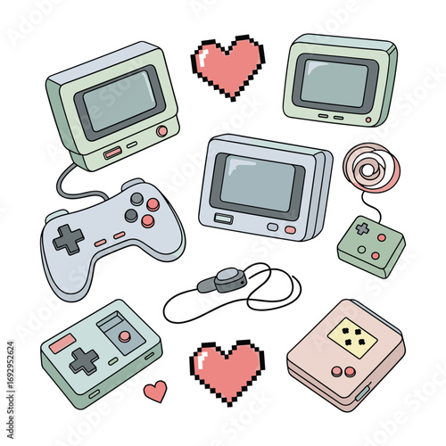 Retro handheld gaming devices and pixelated hearts illustration video game vintage