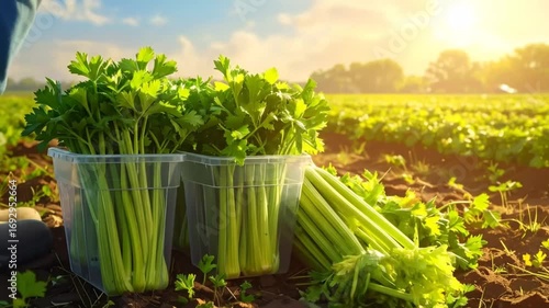 Bountiful celery harvest: Fresh organic vegetables filling crates in a sun-drenched field