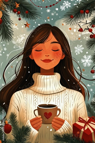 Woman Enjoys Warm Drink in Cozy Sweater During Winter Holiday Celebration