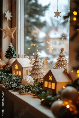 Cozy Winter Window Display With Glowing Houses and Festive Decorations.