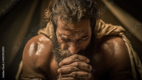 Esau crying in anguish before Isaac after Jacob’s deception, tent interior dimly lit by oil lamps, Isaac seated with sorrowful face, Esau kneeling, fists clenched, raw grief echoing in silence.