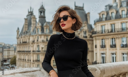 Stylish Woman With Sunglasses Poses in Front of Historic Architecture on a Su...