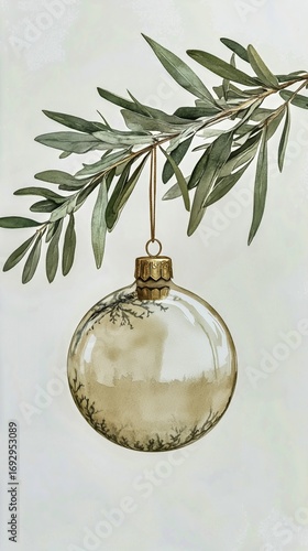 Decorative Glass Ornament With Olive Branch Hanging Against a Light Background.