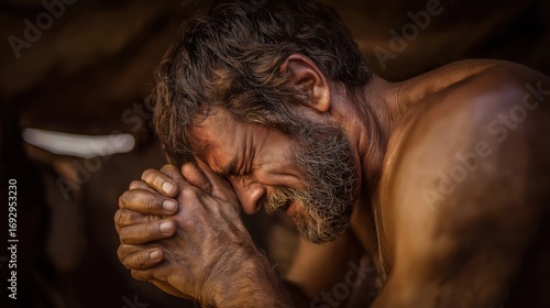 Esau crying in anguish before Isaac after Jacob’s deception, tent interior dimly lit by oil lamps, Isaac seated with sorrowful face, Esau kneeling, fists clenched, raw grief echoing in silence.