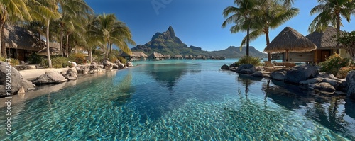 Stunning Lagoon Surrounded by Tropical Villas and Palm Trees in Bora Bora.