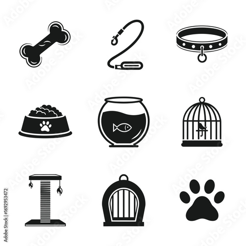 Collection of black pet care icons on white background animal