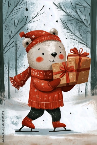 Cute Bear Ice Skating With Christmas Gifts in a Snowy Forest During Winter