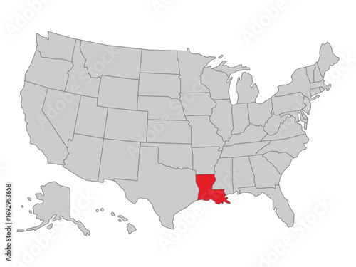 United States political map with Lousiana state highlighted, vector illustration of US map with states
