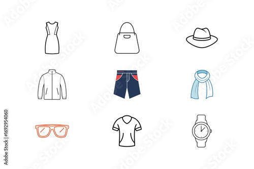 Collection nine clothing accessory icons in a grid format dress handbag