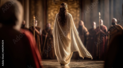 Esther steps into the royal throne room uninvited, golden pillars towering around her, her heart steady with faith as the king raises his scepter, deciding her fate.