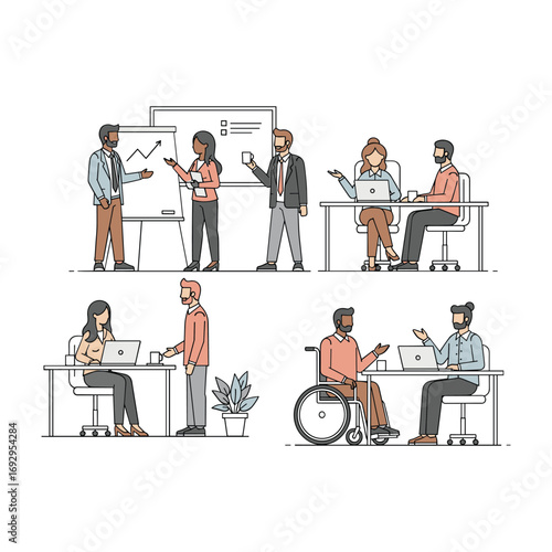 Diverse business people in meeting and office settings with whiteboard and laptops diversity