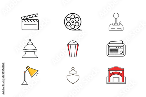 Collection nine simple line art icons for film popcorn joystick radio lamp architecture