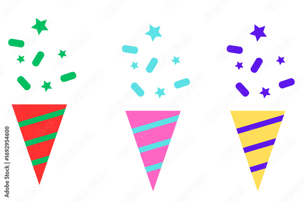 Obraz premium Three colorful party hats with sprinkles, isolated on transparent background