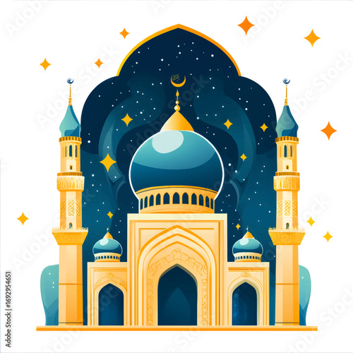 An oriental silhouette of a mosque against a bright watercolor sunset with a large moon. The illustration combines traditional architecture of minarets and domes with expressive colors against a light