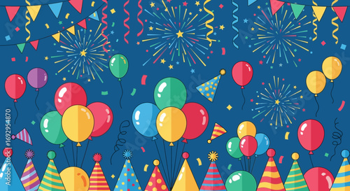 Bright Flat Design Party Elements Illustration Colorful Balloons Conical Hats Streamers and Fireworks.