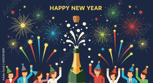 Celebratory Champagne Bottle with Exploding Cork and Festive Fireworks.