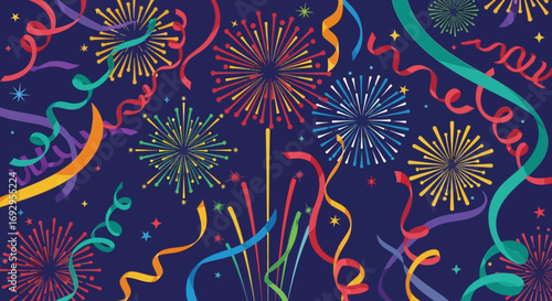 Colorful Fireworks and Ribbons Celebration on Dark Blue Background.