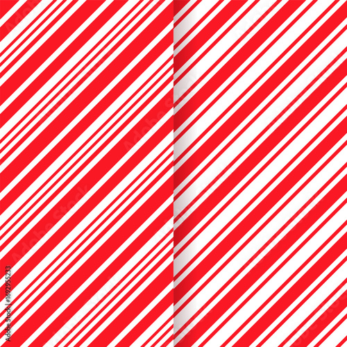 Red seamless Christmas pattern. Candy cane stripe texture. peppermint wrapping paper. Xmas holiday background with diagonal lines. Set caramel package prints. Vector illustration.