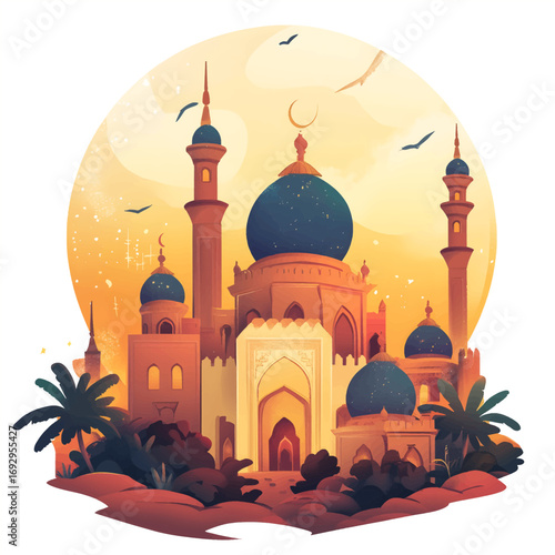 An oriental silhouette of a mosque against a bright watercolor sunset with a large moon. The illustration combines traditional architecture of minarets and domes with expressive colors against a light