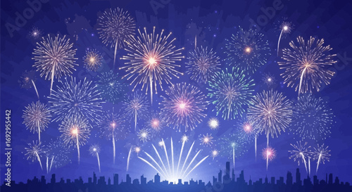 Colorful Fireworks Exploding Above a Silhouetted City Skyline at Night Festive Display.