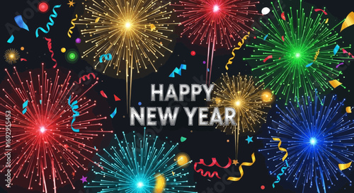 Colorful Fireworks Display with Confetti and Ribbons for New Year Celebration.