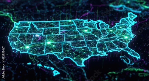 A glowing digital map of the United States, showcasing interconnected data streams across states.