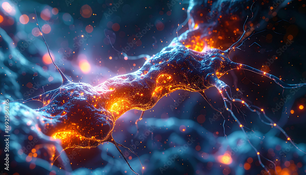 Obraz premium Abstract Neuron Illustration: A vibrant and intricate illustration of a neuron, showcasing a network of neural connections with glowing energy sparks, suggesting the complexity of the brain.