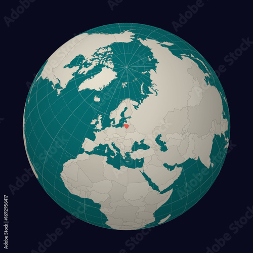 Lithuania on the map. Globe centered to Lithuania. Country location on the world map. Teal Pale Mint color palette. Globe with countries, meridians and parallels. Vibrant vector illustration.