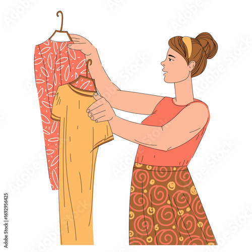 Young woman holding clothes on hangers. Girl choosing a dress in a dressing room or in a store. Woman trying on and buying clothes. Flat vector illustration isolated on white background.