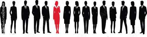 Business team silhouettes standing in row, professional corporate group, diversity in workplace, leadership, unity, formal attire, teamwork concept