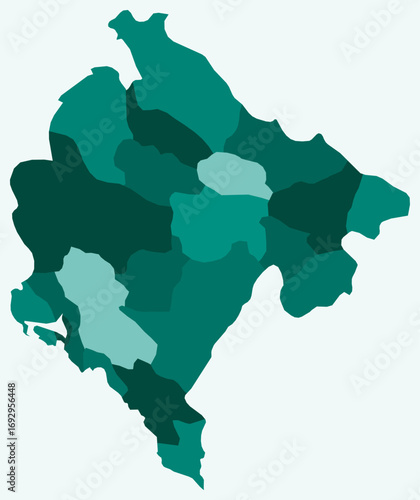 Map of Montenegro with regions. Just a simple country border map with region division. Teal color palette. Plain Montenegro shape with administrative division. Vector illustration.