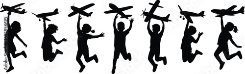 Children playing with toy airplanes, jumping, holding model planes, happy kids, outdoor fun, childhood imagination, active play, silhouette illustration