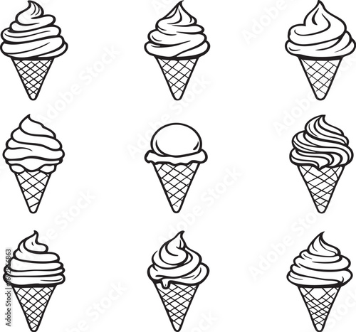 A set of nine simple, black and white line art illustrations of ice cream cones.