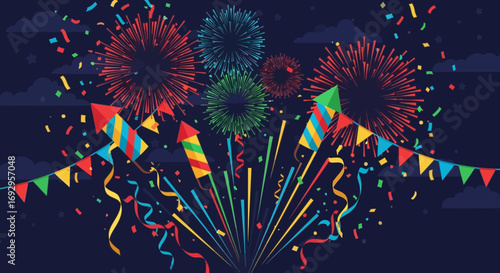 Festive Celebration with Fireworks Rockets Confetti and Bunting Banner.